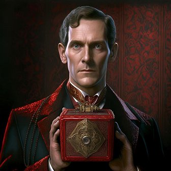 AI art for Sherlock Holmes and the Servants of Hell - man in a red velvet coat with an ornate puzzle box