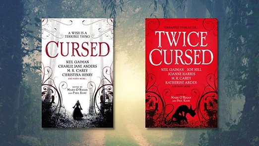 Banner image of two books - Cursed and Twice Cursed, edited by Marie O'Regan and Paul Kane, on a shadowy forest background