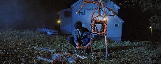 Man looking at remains on ground at night