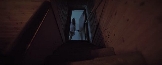 Woman standing in open doorway at top of stairs