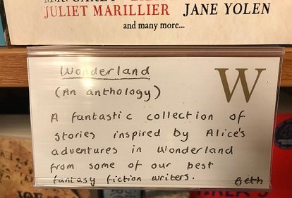 Recommendation sign at Waterstones for Wonderland, edited by Marie O'Regan and Paul Kane