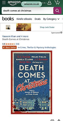 screenshot from amazon.com, showing Death Comes at Christmas, edited by Marie O'Regan and Paul Kane, with a #1 bestseller sticker