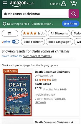 screenshot from amazon.com, showing the Kindle edition of Death Comes at Christmas, edited by Marie O'Regan and Paul Kane, with a #1 bestseller sticker 