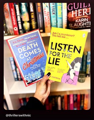 screenshot from @thrillerswithnic. Image shows a hand holding up a copy of Death Comes at Christmas, edited by Marie O'Regan and Paul Kane, and a copy of Listen for the Lie, up against a full bookcase