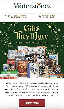 screenshot from @Waterstones. Image shows a display of books, text reads GIFTS THEY'LL LOVE with a SHOP NOW button at the bottom