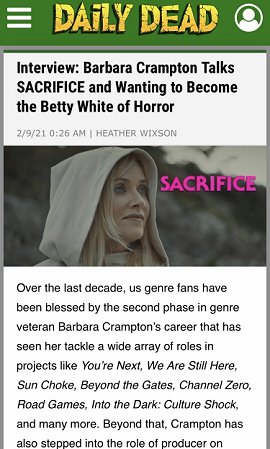 Screenshot: Barbara Crampton talks about Sacrifice on Daily Dead