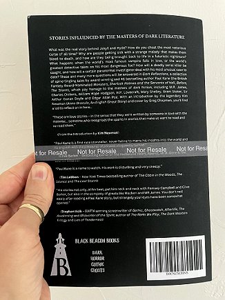 photograph of a man's hand holding a copy of Dark Reflections, by Paul Kane, to show the back cover