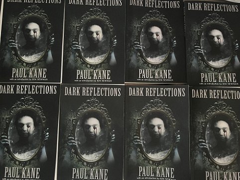 display of two rows of four copies of the book Dark Reflections by Paul Kane