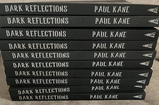 photograph of a stack of copies of Dark Reflections by Paul Kane, showing the book spines