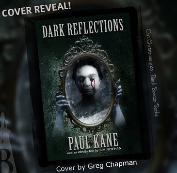 cover reveal poster for a book cover showing a woman with bleeding eyes reflected in a mirror. Dark Reflections by Paul Kane