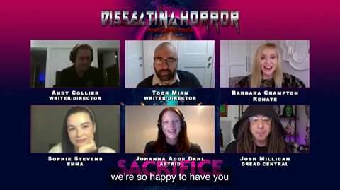 Screenshot: Dissecting Horror zoom interview. WIth Andy Collier Toor Mian, Barbara Crampton, Sophie Stevens, Johanna Adde Dahl, Josh Millican of Dread Central