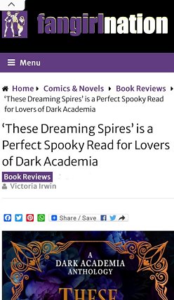 screenshot from fangirlnation. Text reads These Dreaming Spires is a Perfect Spooky Read for Lovers of Dark Academia