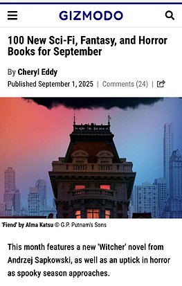 screenshot from Gizmod0 - banner reads 100 New Sci-Fi, Fantasy, and Horror Books for September
