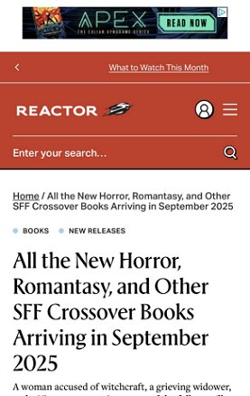 screenshot from Reactor. Title reads: All the New Horror, Romantasy, and Other SFF Crossover Books Arriving in September 2025