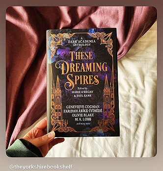 photograph of a hand holding a copy of These Dreaming Spires, edited by Marie O'Regan and Paul Kane, up over a cream sheet and a rust-coloured cloth
