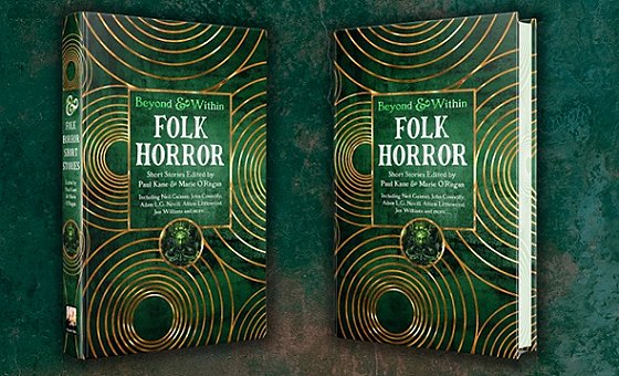 image showing two standing copies of a book, Beyond and Within Folk Horror, edited by Paul Kane and Marie O'Regan, against a green background. The book features gold circles on a green background, with gold text