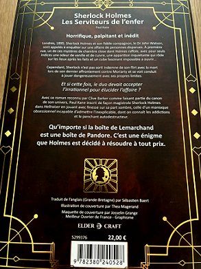 photograph showing the back cover of the French edition of Sherlock Holmes and the Servants of Hell by Paul Kane