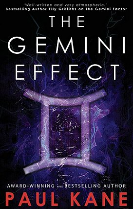 Book cover, showing the Gemini symbol against a purple and black background. The Gemini Effect, by Paul Kane