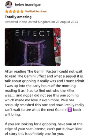 Screenshot of Amazon 5 star review for The Gemini Effect by Paul Kane