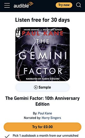 screenshot of Audible.com's listing for Paul Kane's The Gemini Factor - 10th Anniversary Edition