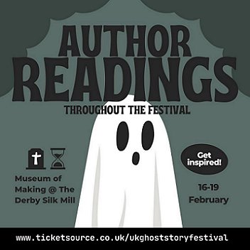 Advertisement for ghost story readings at UK Ghost Story Festival - image of a ghost in a sheet