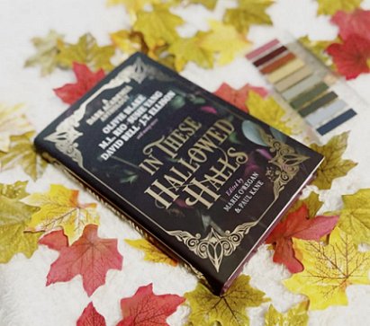 image of a copy of In These Hallowed Halls, edited by Marie O'Regan and Paul Kane, lying on red and yellow leaves on a white background. A colour sample strip lies beside the book.