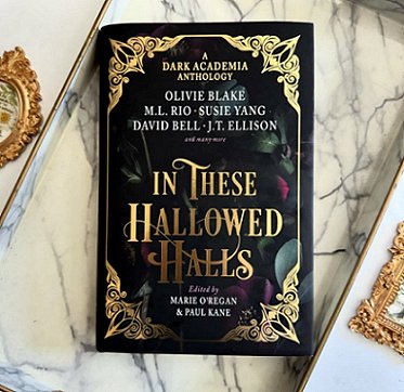 photograph of a copy of In These Hallowed Halls, edited by Marie O'Regan and Paul Kane, lying on an off-white marble surface, with grey veins threaded throughout