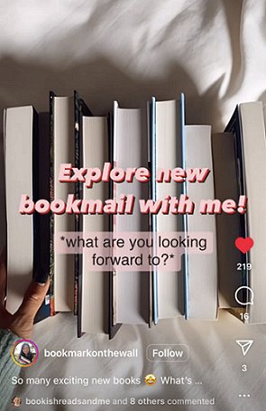 screenshot of social media post. A row of books, page edges facing, with the text - Explore new bookmail with me! What are you looking forward to?