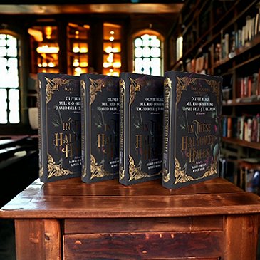 Display of four standing copies of In These Hallowed Halls, edited by Marie O'Regan and Paul Kane, on a wooden table in front of library shelves and several windows