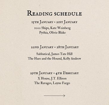 Screenshot of reading schedule. 15th January - 21st January: 1000 Ships, Kate Weinberg, Pythia, Olivie Blake. 22nd dJanuary - 28th January: Sabbatical, James Tate Hill, The Hare and the Hound, Kelly Andrew. 29th January - 4th February. X House, J T Ellison, The Ravages, Layne Fargo.