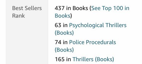 Screenshot: Amazon ranking for Her Husband's Grave. 437 in Books, 63in Psychological Thrillers, 74 in Police Procedurals, 165 in Thrillers