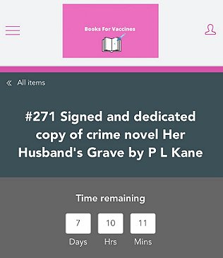 Screnshot: Books for Vaccines. Lot #271 Her Husband's Grave by P L Kane