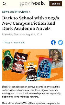 Screenshot of Goodreads article: Back to School with 2023's New Campus Fiction and Dark Academia Novels