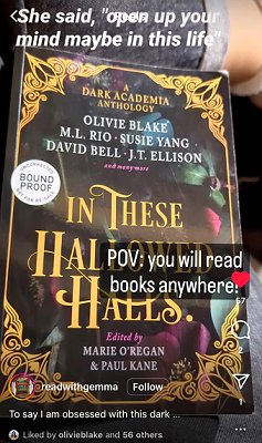 Image showing a copy of In These Hallowed Halls, edited by Marie O'Regan and Paul Kane, showing trext: POV: You will read books anywhere. She said, Open up your mind maybe in this life