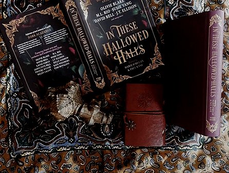 image showing an open copy of In These Hallowed Halls, edited by Marie O'Regan and Paul Kane, on a paisley cloth with a leather notebook and an unjacketed copy of In These Hallowed Halls beside it