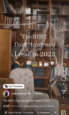 screenshot of a checked cloth covered armchair in front of cobweb-laden bookshelves. Text reads: The BEST Dark Academia I read in 2023