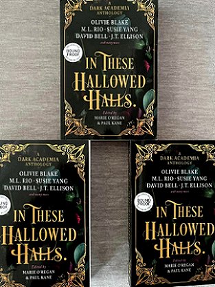 A display of three copies of In These Hallowed Halls, edited by Marie O'Regan and Paul Kane, on a grey fabric background