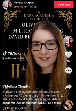 Screenshot of TikTok image - a woman standing in front of a copy of In These Hallowed Halls, edited by Marie O'Regan and Paul Kane