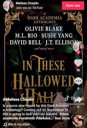 Screenshot of TikTok image of a copy of In These Hallowed Halls, edited by Marie O'Regan and Paul Kane