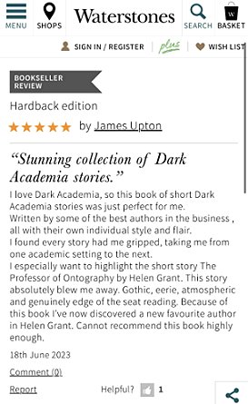 screenshot of Waterstones 5 star review for In These Hallowed Halls, edited by Marie O'Regan and Paul Kane