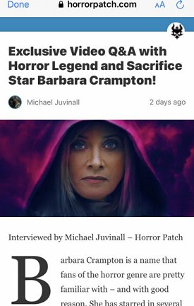 Screenshot: Barbara Crampton interview about Sacrifice the movie on horrorpatch.com
