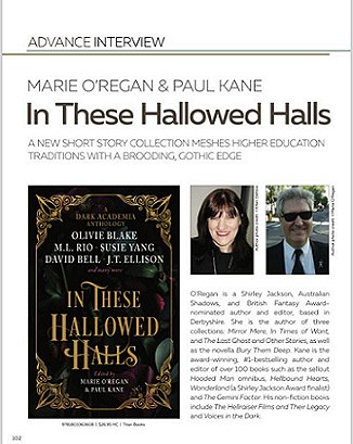 screenshot of advance interview text wtih Marie O'Regan and Paul Kane. Shows the cover of In These Hallowed Halls, and headshots of Marie O'Regan and Paul Kane