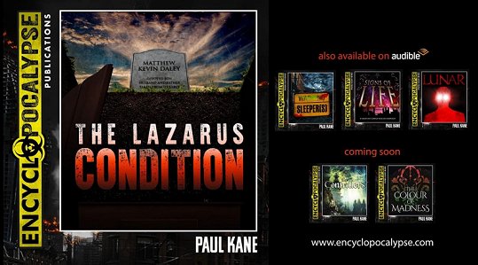 Audio book cover for The Lazarus Condition, by Paul Kane. Also showing: Sleeper(s), Signs of Life, Lunar, Controllors and The Colour of Madness audiobook covers