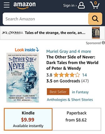 Screenshot of Amazon.com page for The Other Side of Never, edited by Marie O'Regan and Paul Kane. Best seller in Fantasy Anthologies and Short Stories