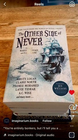 Screenshot of a display of several books on a wooden surface, with a copy of The Other Side of Never, edited by Marie O'Regan and Paul Kane, on top