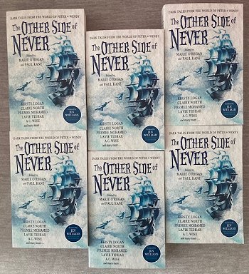 display of six copies of the book The Other Side of Never, edited by Marie O'Regan and Paul Kane. Book cover shows a ship sailing in the clouds, with two flying shadows of children heading towards it