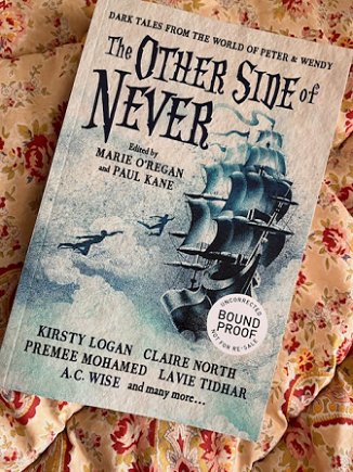 Copy of a book, The Other Side of Never, edited by Marie O'Regan and Paul Kane, laying on a floral cloth