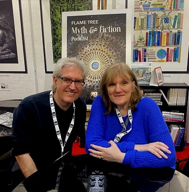 L to R: photograph of a smiling Paul Kane and Marie O'Regan, guests on the Flame Tree Podcast recorded at London Book Fair