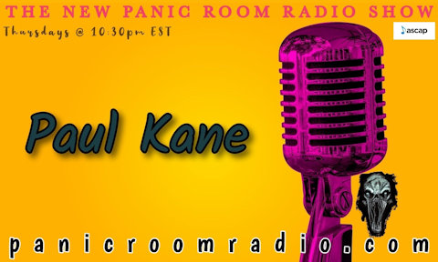 advertisement (purple microphone on yellow background) for The New Panic Room Radio Show. Thursdays 10.30pm EST. Paul Kane
