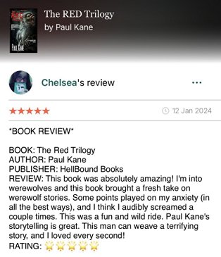 screenshot of Chelsea's five-star review of The RED Trilogy by Paul Kane